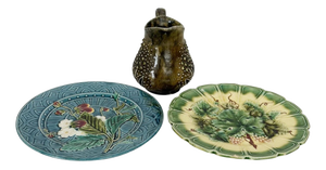Majolica Plates with Floral Motifs and Pitcher, Set of 3