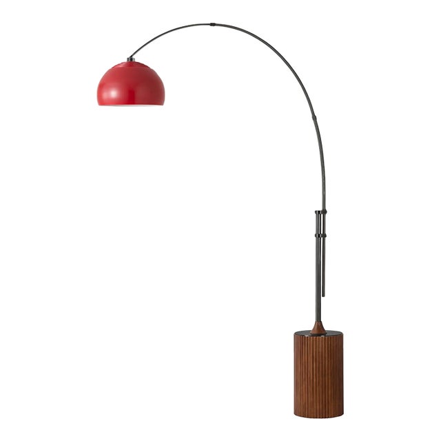 92" Half Dome Tambo Floor Lamp in Black Nickel, 1980s - Mid Century Arc Lamp, Crimson Red Shade, Walnut Base For Sale