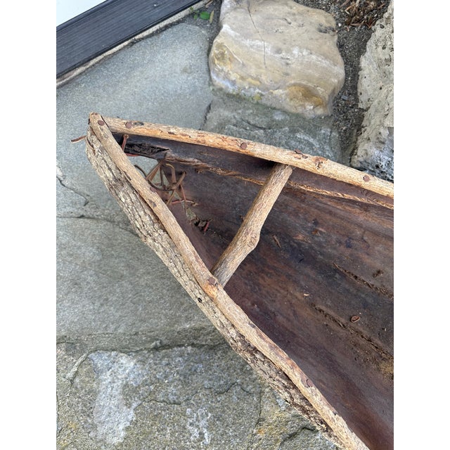Vintage 45” Textured Bark & Wood Canoe With Leather Rawhide For Sale In Los Angeles - Image 6 of 16