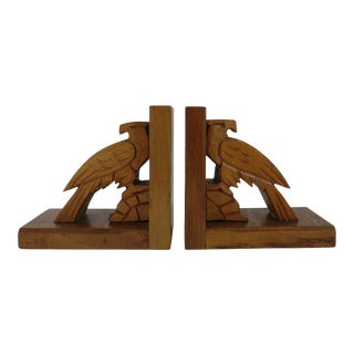 Carved Oak Wood Eagle Bookends- a Pair For Sale