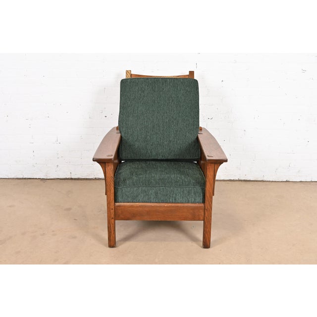 L. & J.G. Stickley, Inc. L. & J. G. Stickley Antique Mission Oak Arts & Crafts Reclining Morris Lounge Chair, Newly Refinished For Sale - Image 4 of 11