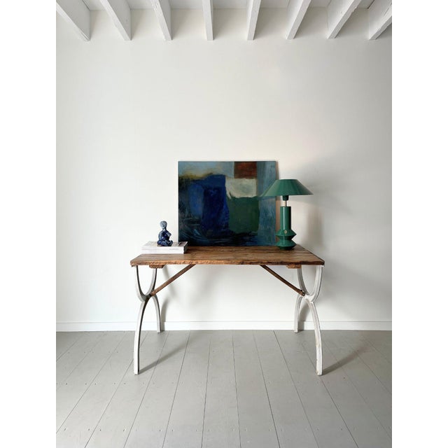 Industrial Hall Console Table with Curule Iron Legs, 1930s For Sale - Image 3 of 10