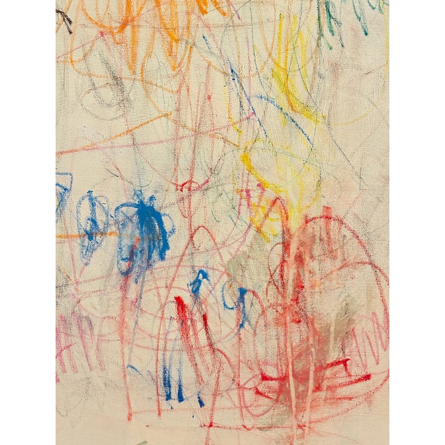 Acrylic, colored, pencil, and graphite on standard depth canvas. Edges painted the same creamy white as the background,...