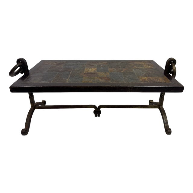 Brutalist Iron and Tile Topped Coffee Table, 1970s For Sale