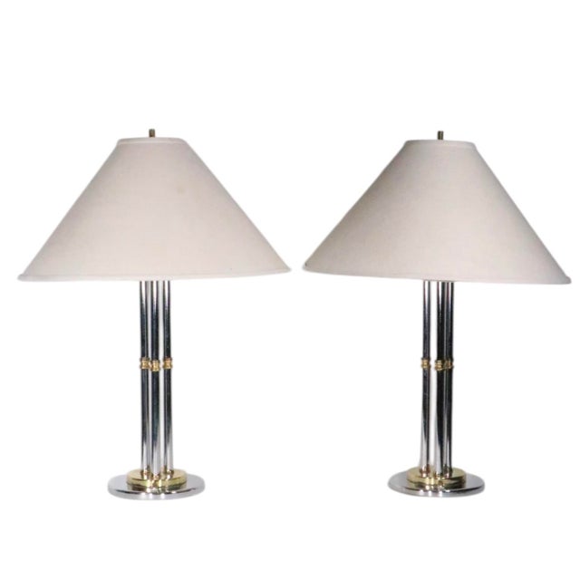 Chrome Late 20th Century Hollywood Regency Chrome and Brass Table Lamps - a Pair For Sale - Image 8 of 12