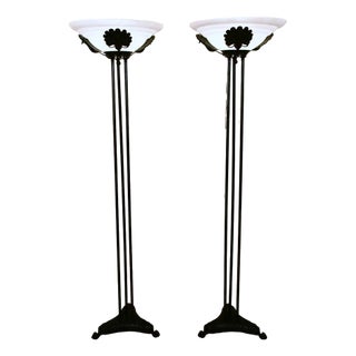 Art Deco Floor Lamps in Bronze Metal and Frosted Glass Shades, 1990s, Set of 2 For Sale