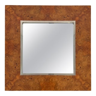 Square mirror in elm burl veneer and chrome by Willy Rizzo. Circa 1970 For Sale