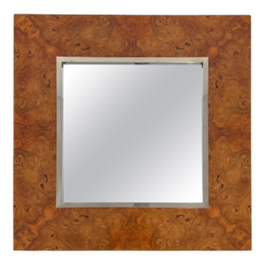 Square mirror in elm burl veneer and chrome by Willy Rizzo. Circa 1970