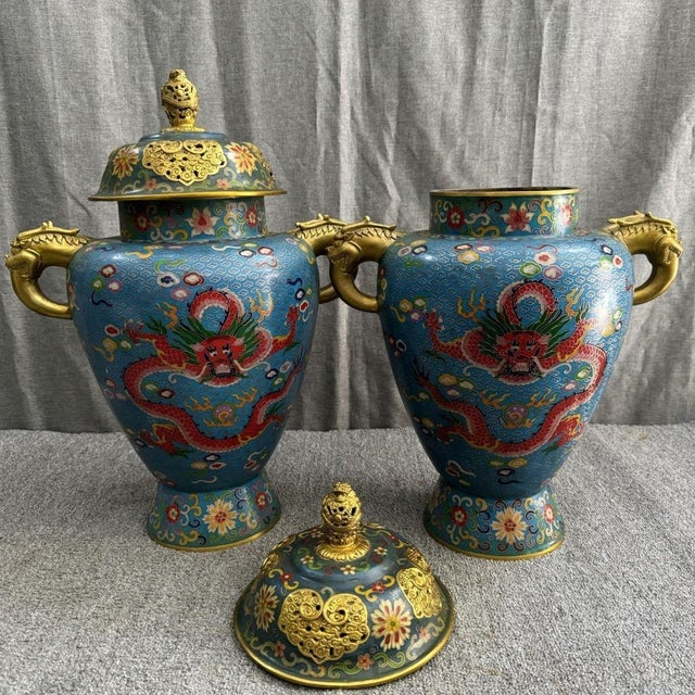 Late 20th Century Exquisite Pair of Chinese Cloisonné Enamel Dragon General Jars With Beast Handles & Lids - 20" Tall For Sale - Image 5 of 8