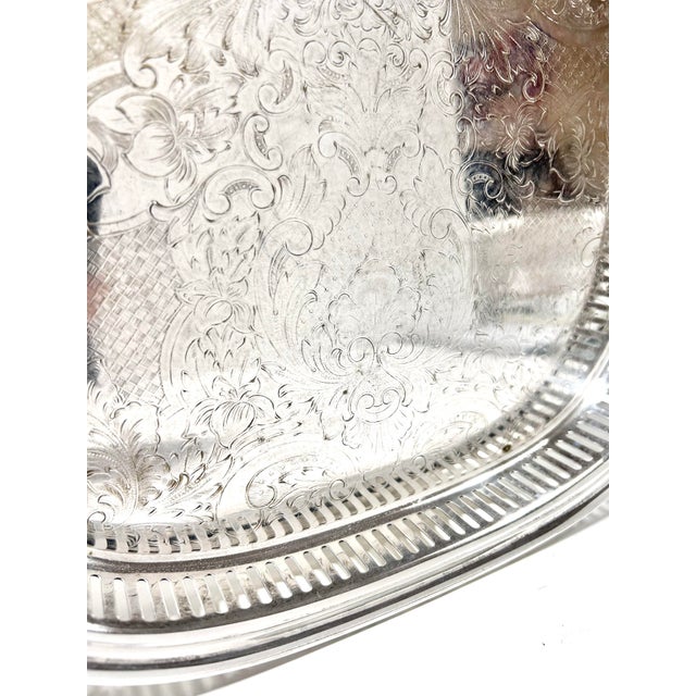Silver Antique Silverplate Footed Gallery Tray With Engraved Surface and Cast Feet, C. 1900 For Sale - Image 8 of 12