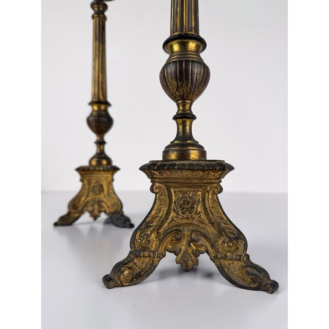 Gold Italian Baroque Style Church Candlesticks in Gilt Bronze, Set of 2 For Sale - Image 8 of 17