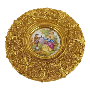 1980s Ornate French Brass Wall Plaque, Signed Fragonard Rococo Porcelain Art