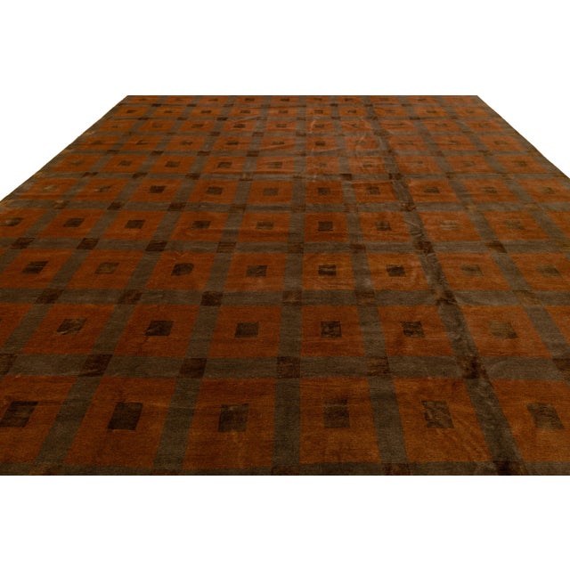 Textile Modern Tibetan Hand-Knotted Wool and Silk Geometric Grid Rug in Burnt Orange For Sale - Image 7 of 10