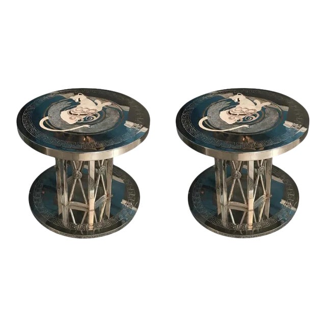 Nickeled Bronze Greek Key Design Inlaid Stone Modern Tables - a Pair For Sale
