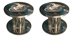 Nickeled Bronze Greek Key Design Inlaid Stone Modern Tables - a Pair