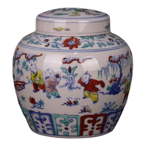 Early 20th Century Chinese Ceramic Tea Jar China Blue and White Doucai Porcelain Chenghua Tian Marked Jar Hand Painted Children Playing Pattern