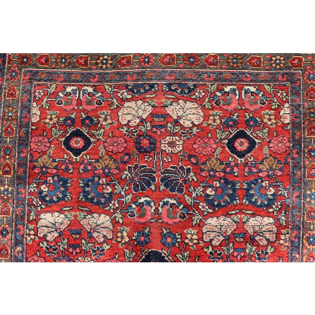 Textile Antique Persian Bidjar Rug With Red Field and Bold Blue Floral Design 4'5 X 6'5 For Sale - Image 7 of 12
