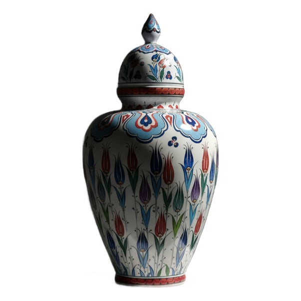 Handmade Ceramic “Vezir” Vase (30cm) – Lidded Design with Colorful Ottoman Tulips – Traditional Home Decor For Sale