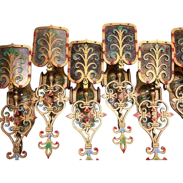 Metal 1920s Spanish Revival Wall Sconces With Mica Shields and Original Polychrome Finish - Set of 8 For Sale - Image 7 of 8