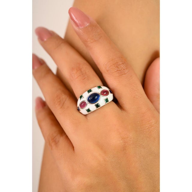 Blue Art Deco Designer Dome Ring With Multicolor Stone- Size 6 For Sale - Image 8 of 10