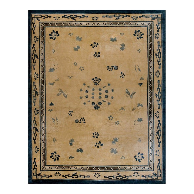 Fantastic Beige Open Field and Blue Border With Foliate Pattern Antique Chinese Peking Rug For Sale
