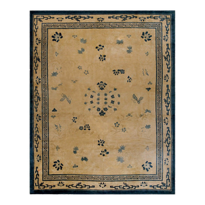 Fantastic Beige Open Field and Blue Border With Foliate Pattern Antique Chinese Peking Rug