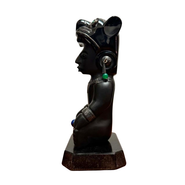 Mexican Vintage Mexican Sterling Silver 925 Obsidian, Lapis Lazuli & Malachite Aztec Figure Sculpture For Sale - Image 3 of 7