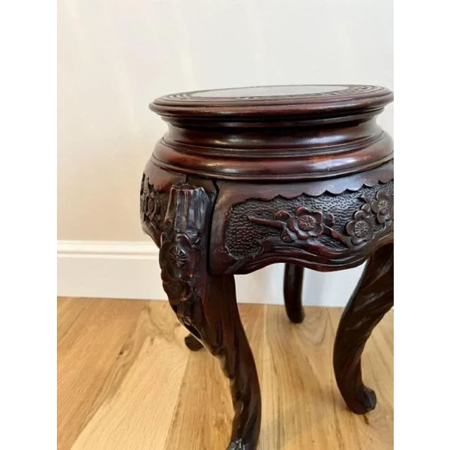 Antique oriental quality carved jardiniere stand having a quality carved circular top above a wonderful carved frieze with...