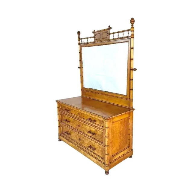 Late 19th Century Bird's Eye Maple Dresser/Commode with Mirror and Faux Bamboo Details, attributed to R.J. Horner & Co,...