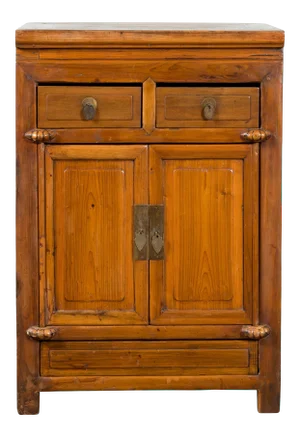 Chinese Vintage Elmwood Side Cabinet with Two Drawers over Double Doors
