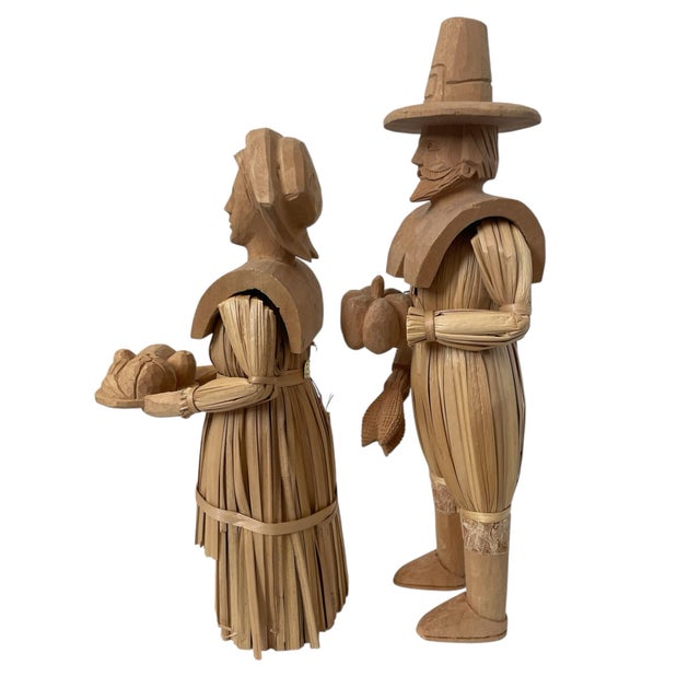Folk Art Vintage Thanksgiving Pilgrims Set of 2 Carved Corn Husk Figures 13 & 16" Tall Folk Art For Sale - Image 3 of 6