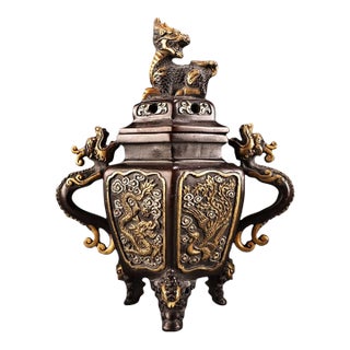 Gilt Bronze Censer With Dragon Handles & Qilin Finial - Incense Burner For Sale