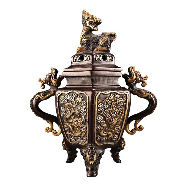 Gilt Bronze Censer With Dragon Handles & Qilin Finial - Incense Burner For Sale