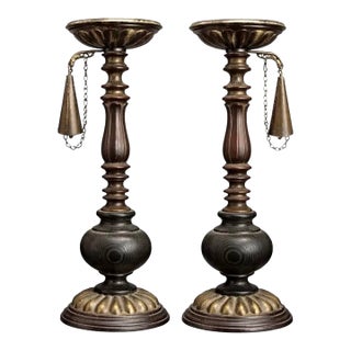 19th Century Tall Fireplace Pricket Candlesticks With Original Chain Snuffers | Pair For Sale