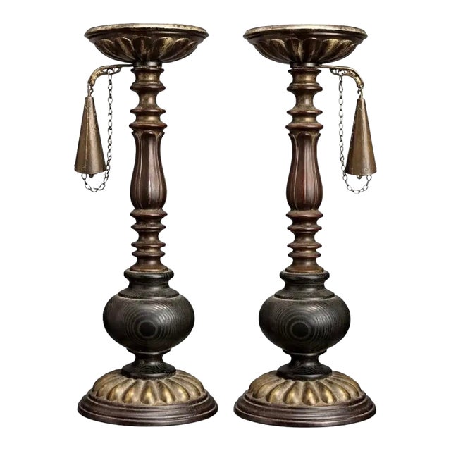 19th Century Tall Fireplace Pricket Candlesticks With Original Chain Snuffers | Pair For Sale