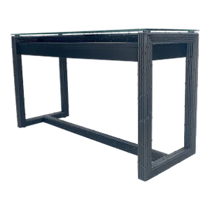 Ebonized Faux Bamboo Reed Two Door Glass Top Console Sofa Table