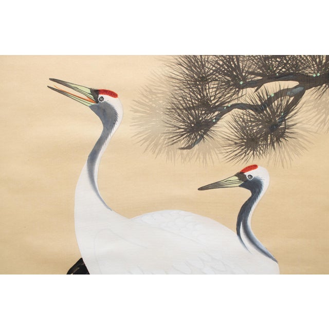 1930s Showa Era Japanese Watercolor Scroll Painting, "Cranes on the Pine Tree" For Sale In Dallas - Image 6 of 12