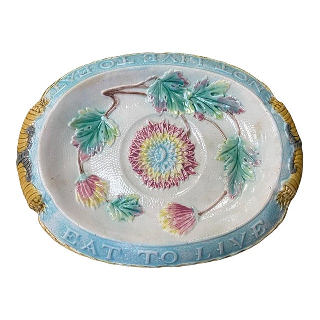 Late 19th Century Majolice Floral "Eat to Live..." Bread Plate For Sale