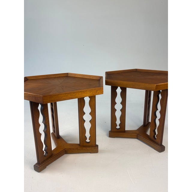 Mid-Century Modern 1960s Mid-Century Drexel "Esperanto" Pecan Hexagonal Side Tables - A Pair For Sale - Image 3 of 11