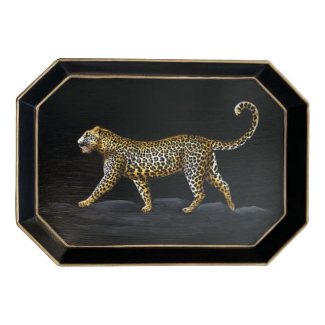 Rectangular Tray in Enameled Metal Hand-Decorated with Leopard by Les Ottomans For Sale