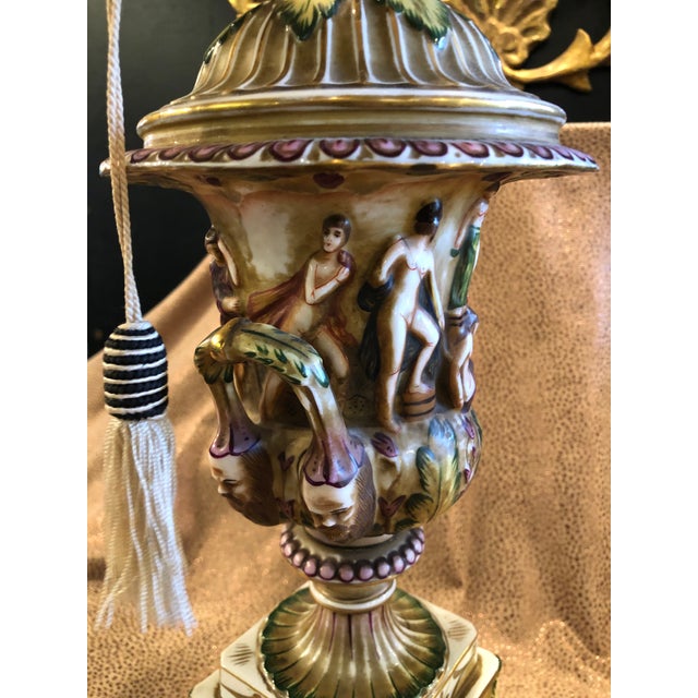 Vintage Italian Porcelain Figural Hand Painted Gilt Table Lamp With Shade For Sale - Image 9 of 13