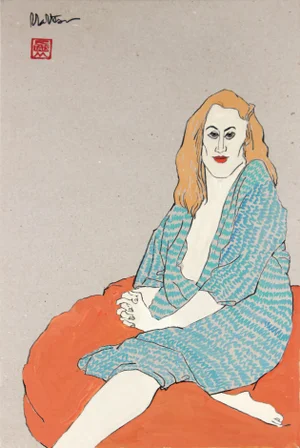 Rip Matteson 90's Female With Robe Seated on Pillow in Gouache and Graphite