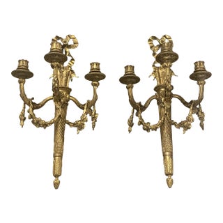 1900 Gilt Bronze Caldwell Sconces With Ribbons 3 Lights For Sale