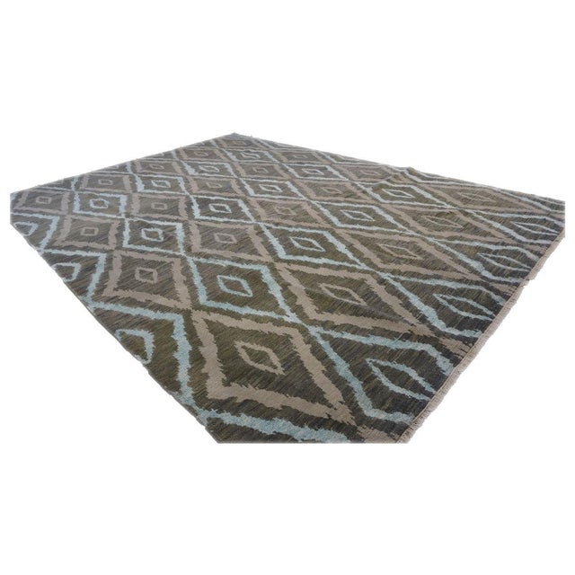 Nepalese Modern Wool & Silk 9X12 Green, Blue & Grey Handmade Area Rug #9902959 For Sale In Houston - Image 6 of 8