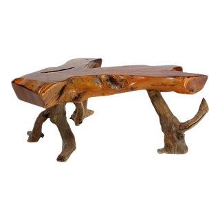 Organic Heavy V Shape Walnut Slab Top Driftwood Base Legs Coffee Table For Sale