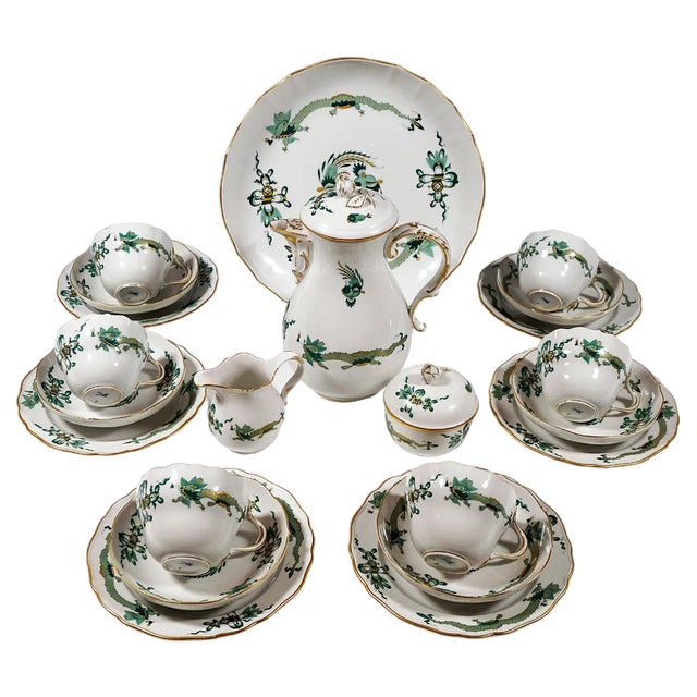 20th Century Meissen Coffee Set with Dragon in Green & Gold, 1980s, Set of 22 For Sale