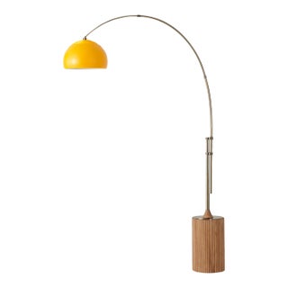 1980s 92" Morelli Mid Century Modern Tambo Floor Lamp - Weathered Brass, Mustard Shade, Dimmable, Living Room Lighting For Sale