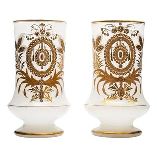 Baccarat Opaline Vases with Golden Decor, 1880s, Set of 2 For Sale
