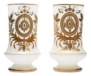 Baccarat Opaline Vases with Golden Decor, 1880s, Set of 2