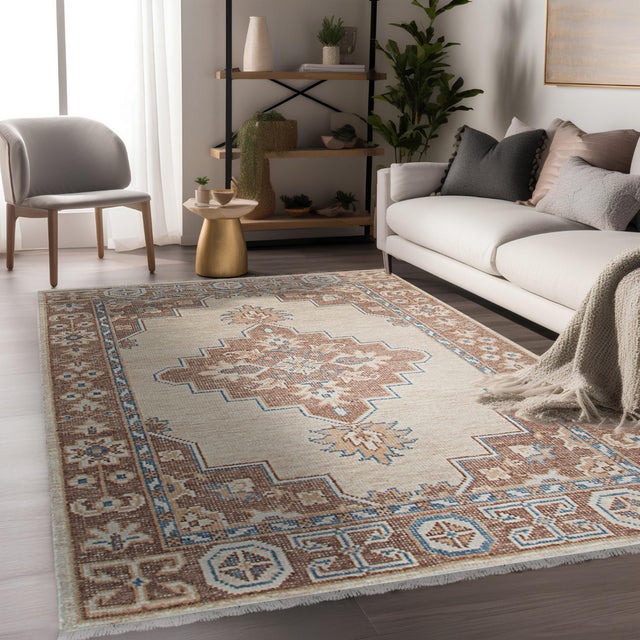 6x9 Ivory Hand-Knotted Wool Framed Medallion Geometric Modern Carpet Rug For Sale - Image 9 of 9